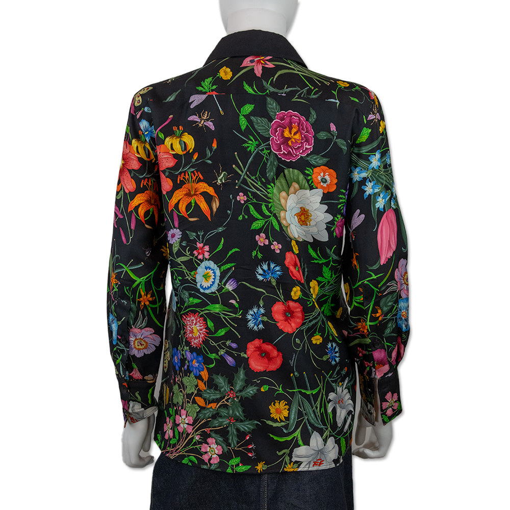 Gucci Multicolor Flora Print Black Silk Button Down