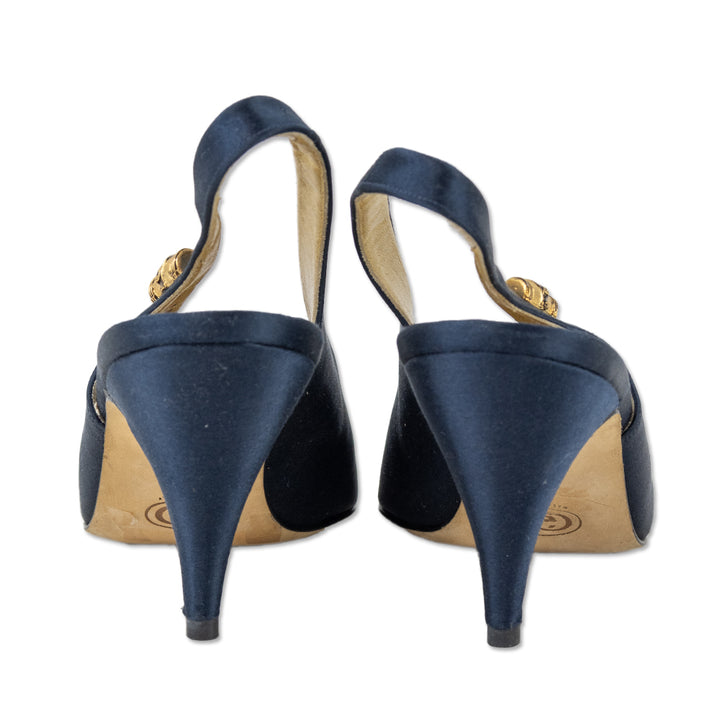 Gucci Navy Silk Slingback Pumps