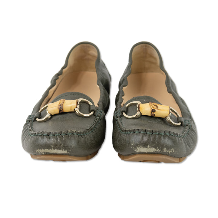 Gucci Olive Leather Bamboo Accent Driver Loafers