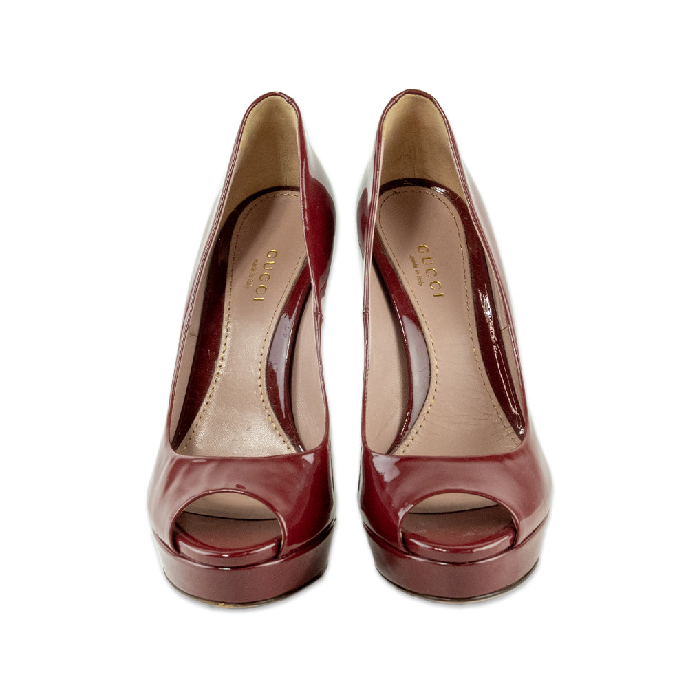 Gucci Red Patent Leather Peep Toe Pumps