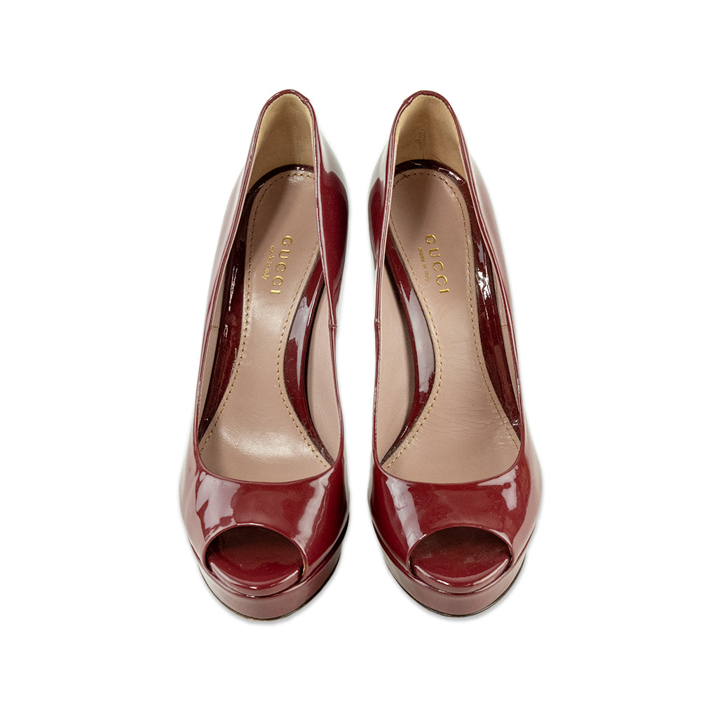 Gucci Red Patent Leather Peep Toe Pumps