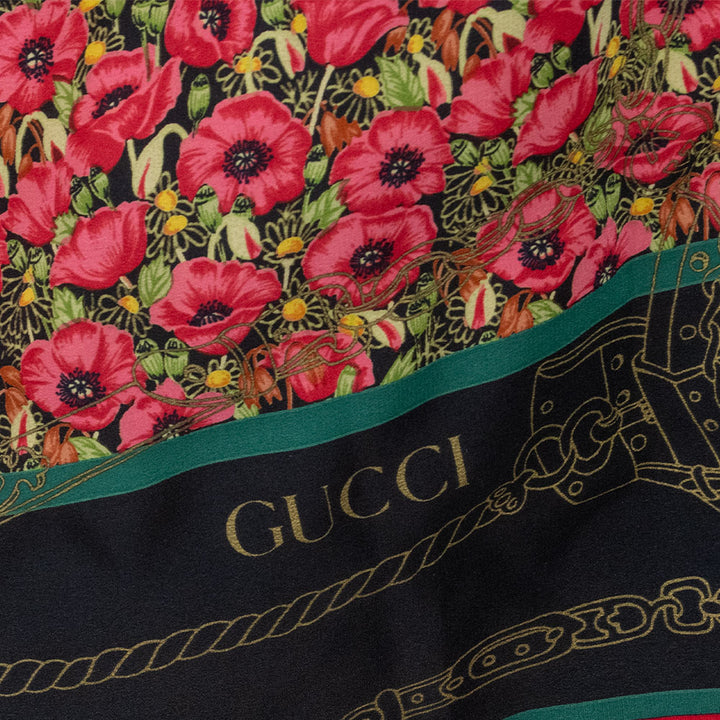 Gucci Silk Red and Black Poppy Printed Scarf