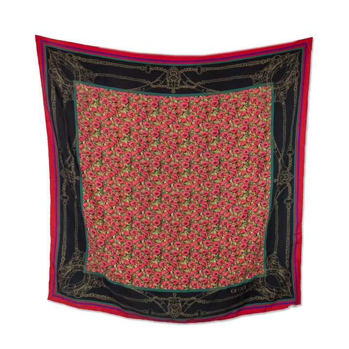 Gucci Silk Red and Black Poppy Printed Scarf