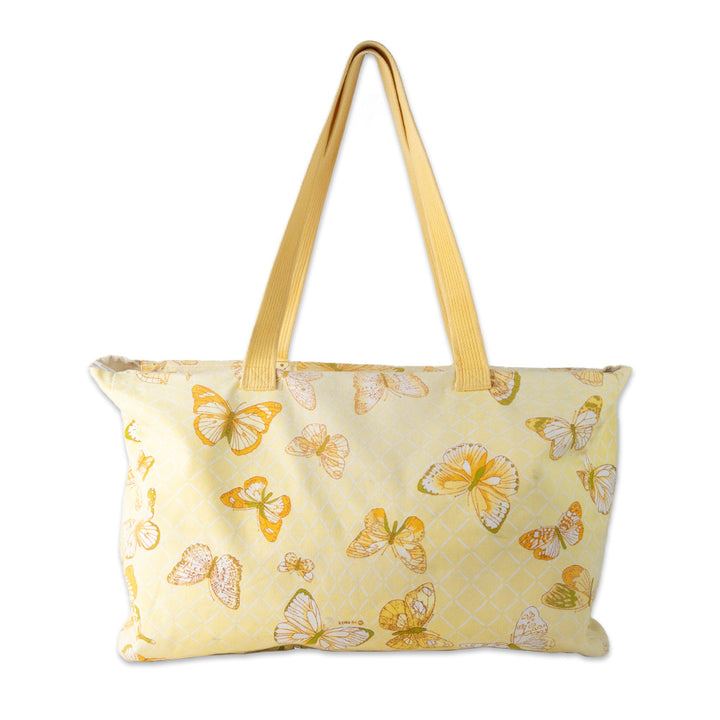 Hermes Beach Bag in Yellow Canvas with Butterfly Print