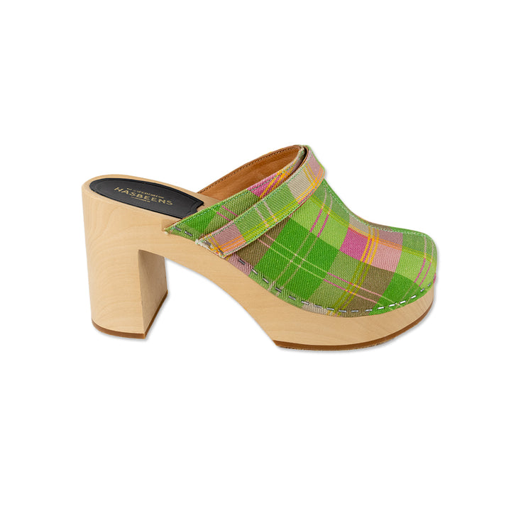 Hasbeens Green Plaid Wooden Clogs