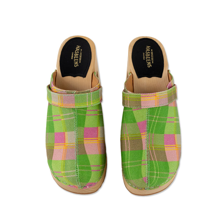 Hasbeens Green Plaid Wooden Clogs