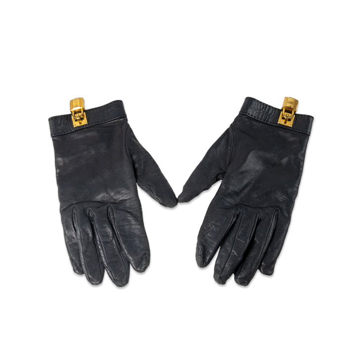 Hermes Black Leather Kelly Lock Gloves