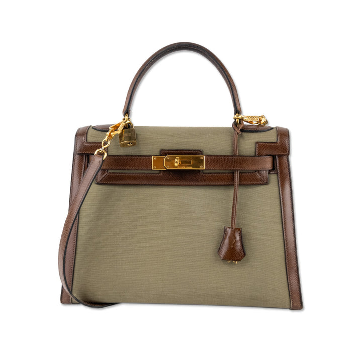 Hermes Vintage Toile Kelly Sellier II 32 in Olive Canvas and Brown Leather