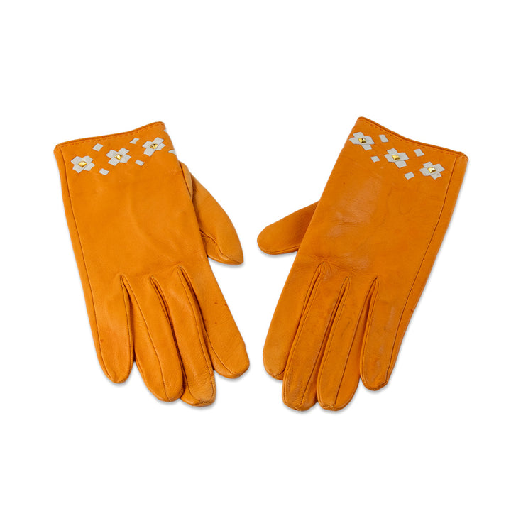 Hermes Orange and White Leather Gloves with Gold Accents