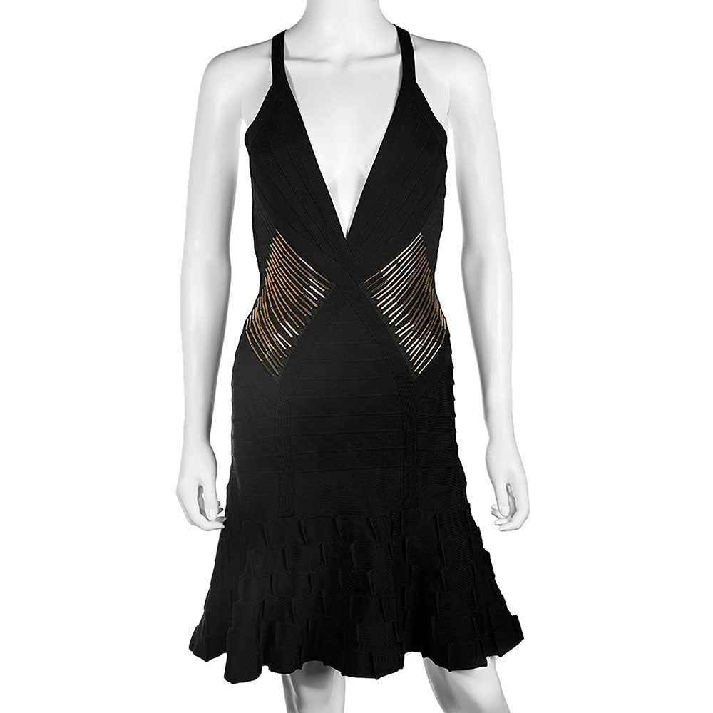 Herve Leger Black Gold Beaded Bandage Midi Dress