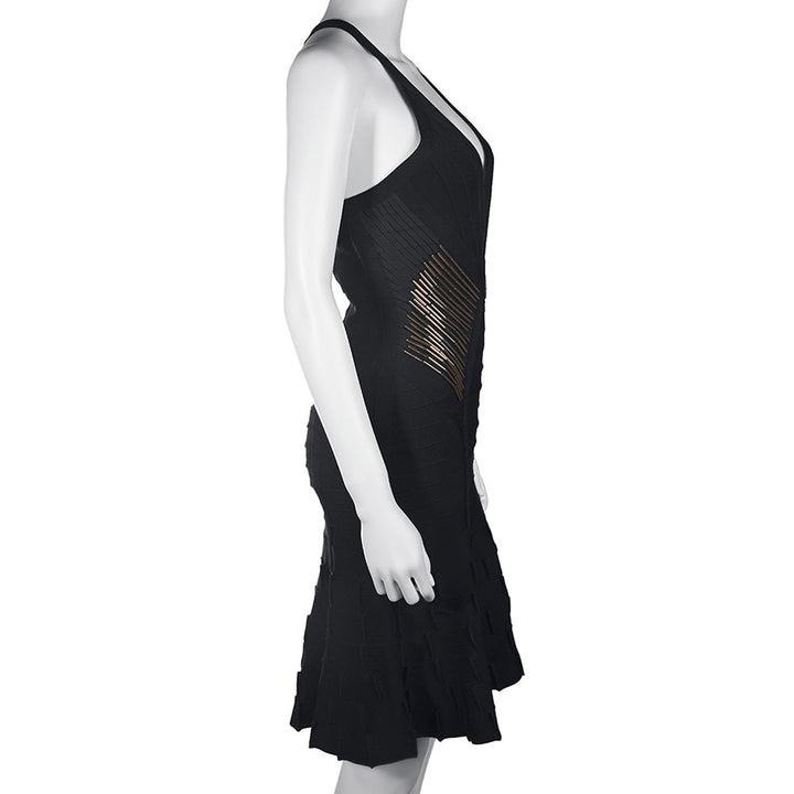 Herve Leger Black Gold Beaded Bandage Midi Dress