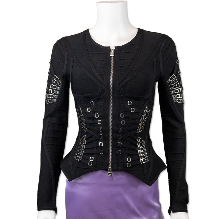 Herve Leger Cheyenne Black Corseted Long Sleeve Top