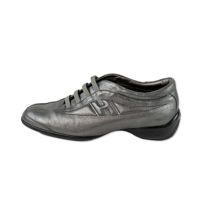 Hogan Silver Leather Low Top Sneakers with Elastic Laces