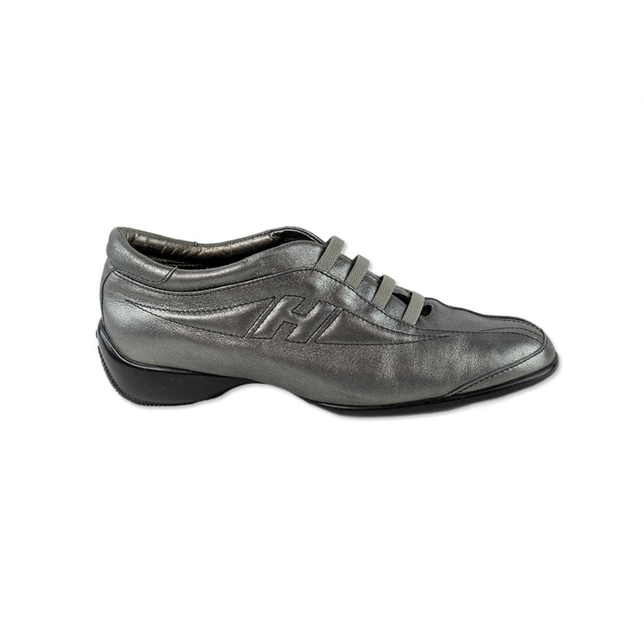 Hogan Silver Leather Low Top Sneakers with Elastic Laces