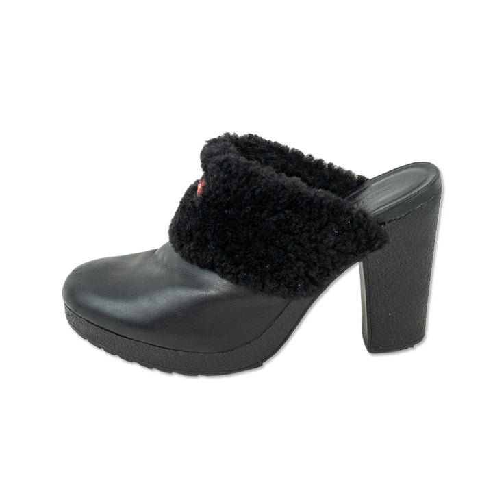 Hunterr Bruson Black Leather Fur Trim Heeled Mules