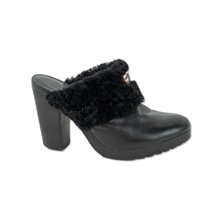 Hunterr Bruson Black Leather Fur Trim Heeled Mules