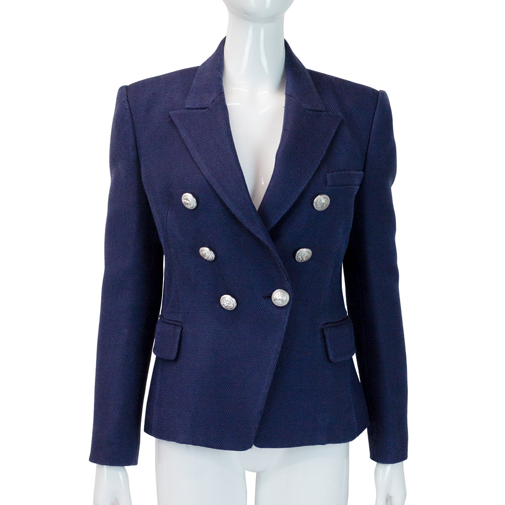 Balmain Navy Double Breasted Textured Blazer