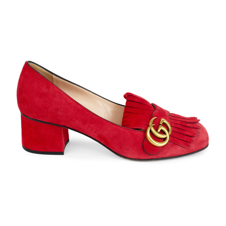 Gucci Red Suede Marmont Fringe Pumps