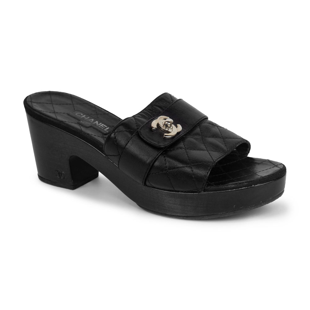 Chanel Black Quilted CC Turnlock Slide Sandals