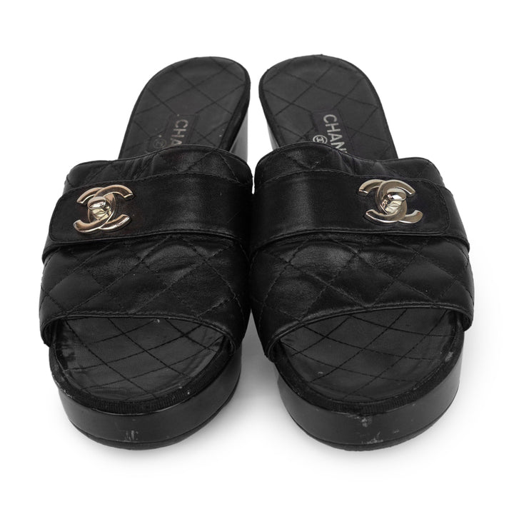 Chanel Black Quilted CC Turnlock Slide Sandals