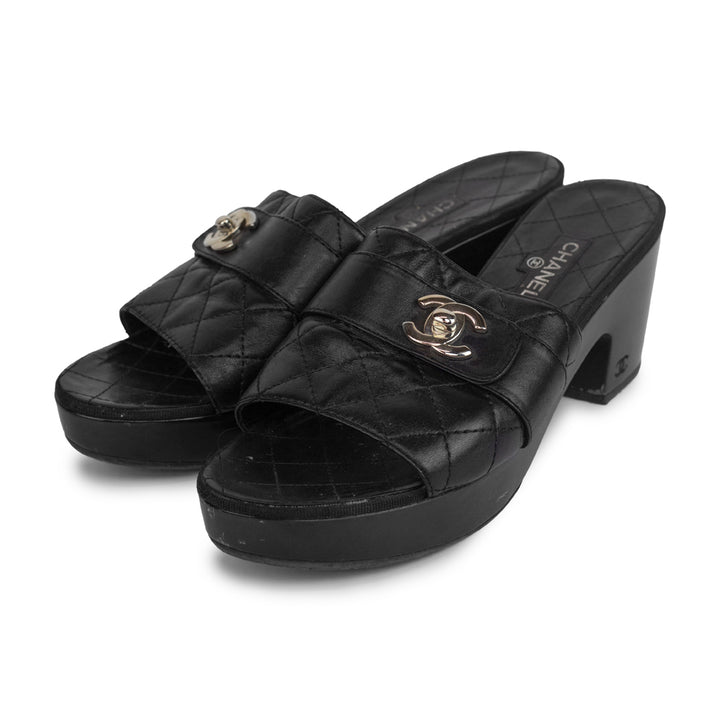 Chanel Black Quilted CC Turnlock Slide Sandals