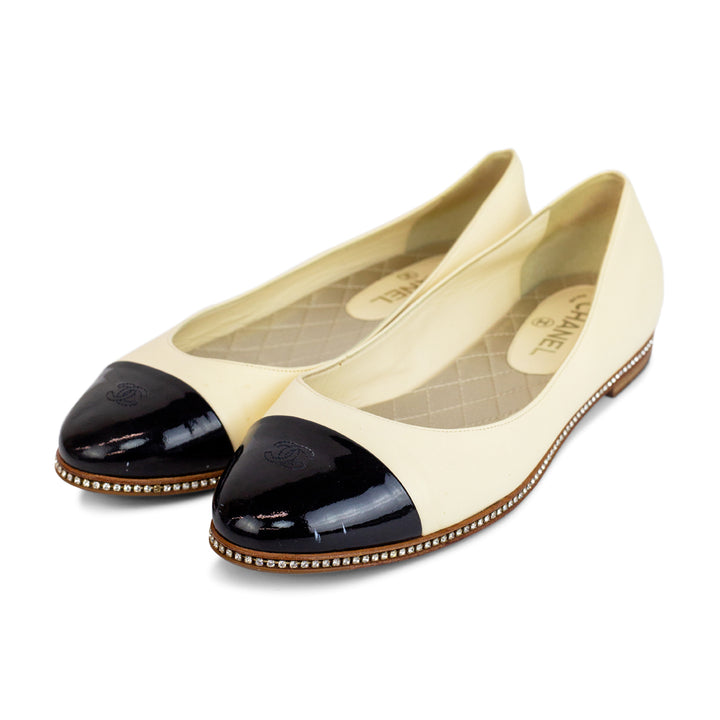 Chanel Leather Cap Toe Crystal Ballet Flats