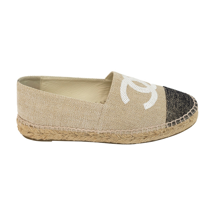 Chanel Beige 
Black Sequin Espadrille Flats