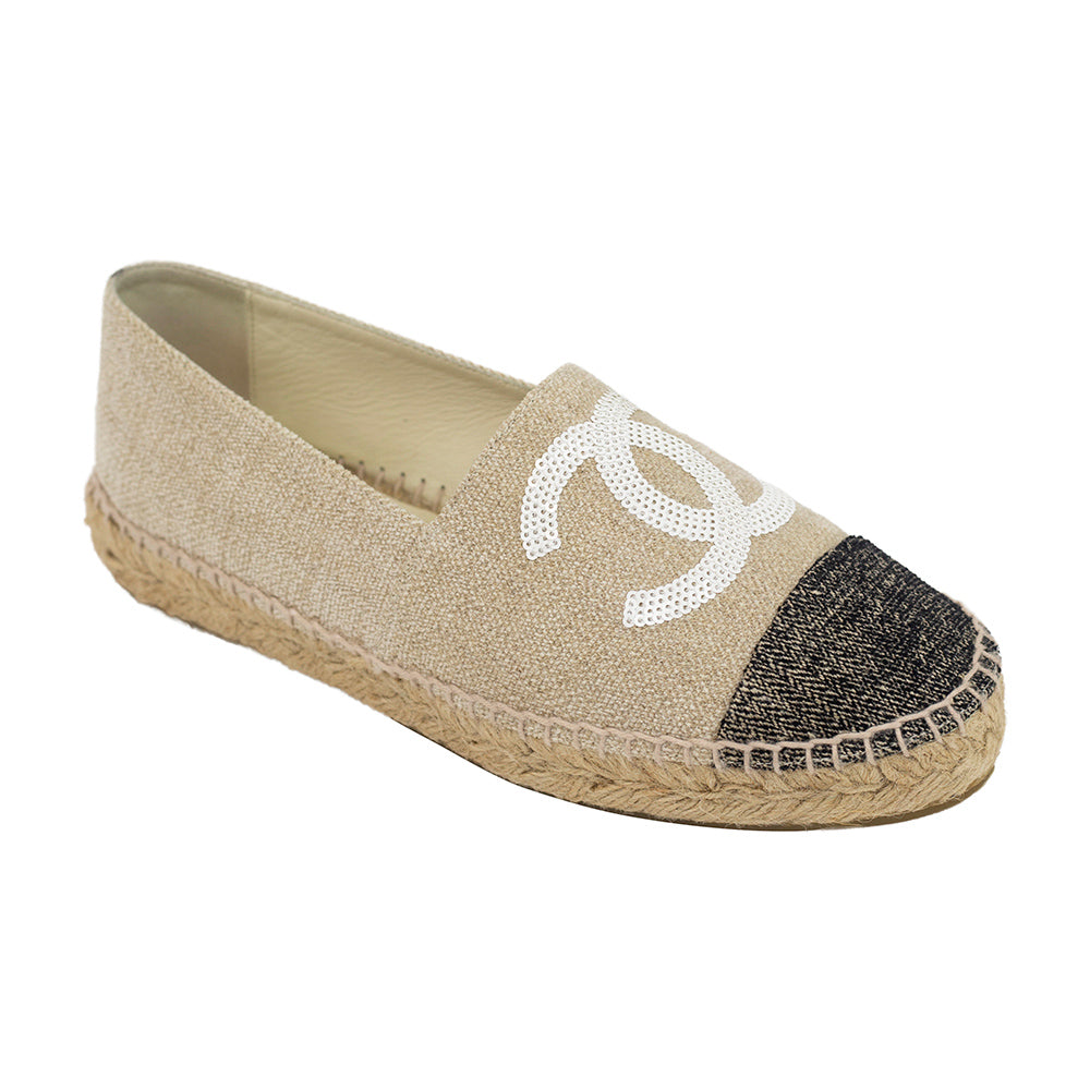 Chanel Beige 
Black Sequin Espadrille Flats