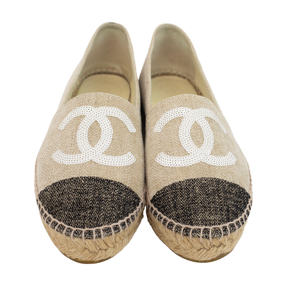 Chanel Beige 
Black Sequin Espadrille Flats