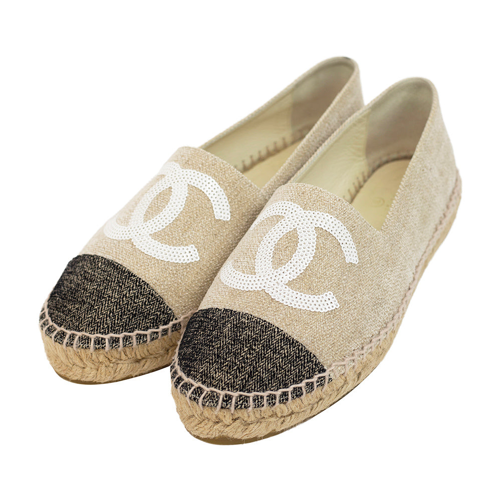 Chanel Beige 
Black Sequin Espadrille Flats