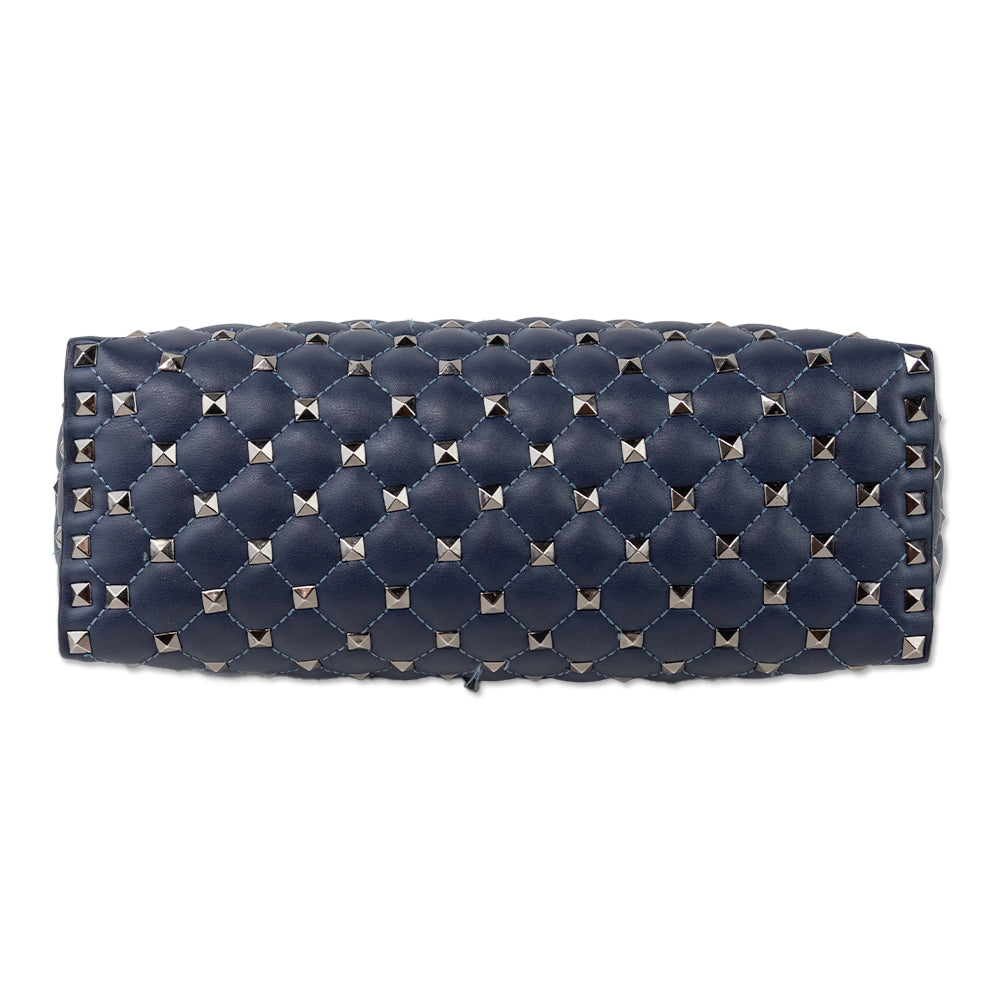 Inzi Navy Pleated Leather Shoulder Bag with Gunmetal Studs