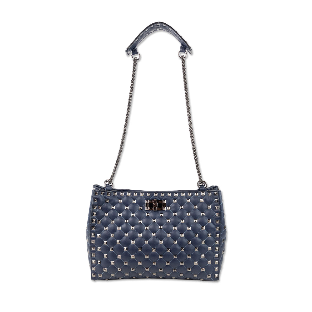 Inzi Navy Pleated Leather Shoulder Bag with Gunmetal Studs