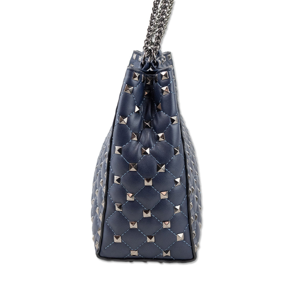 Inzi Navy Pleated Leather Shoulder Bag with Gunmetal Studs