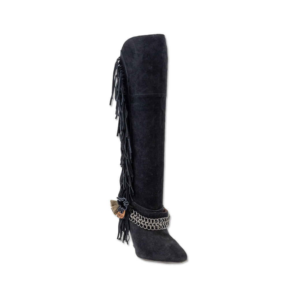 Isabel Marant Black Suede Fringe Calf Western Boots