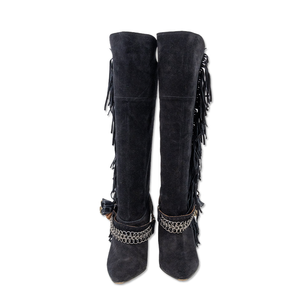 Isabel Marant Black Suede Fringe Calf Western Boots