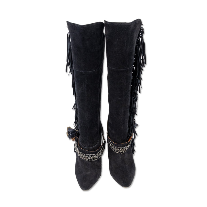 Isabel Marant Black Suede Fringe Calf Western Boots