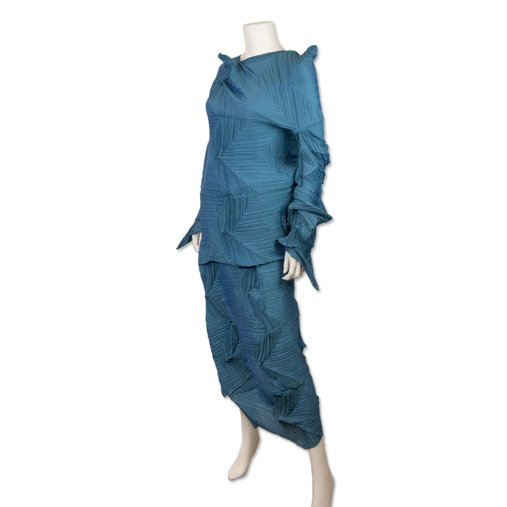 Issey Miyake Blue Angular Pleated Top and Skirt Set