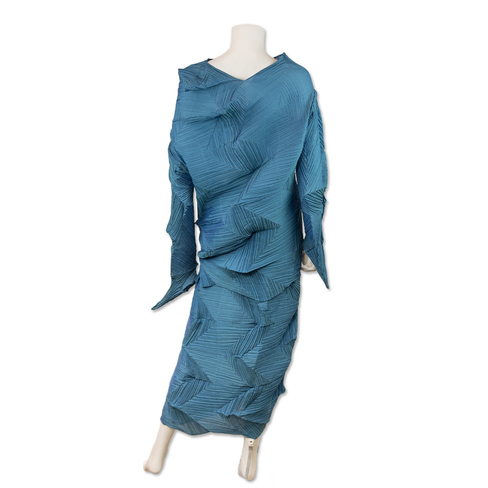 Issey Miyake Blue Angular Pleated Top and Skirt Set