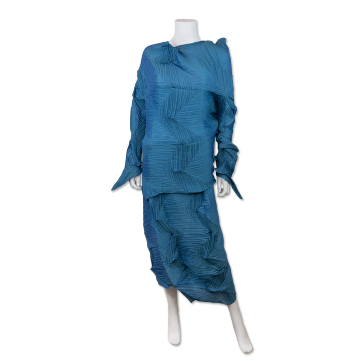 Issey Miyake Blue Angular Pleated Top and Skirt Set