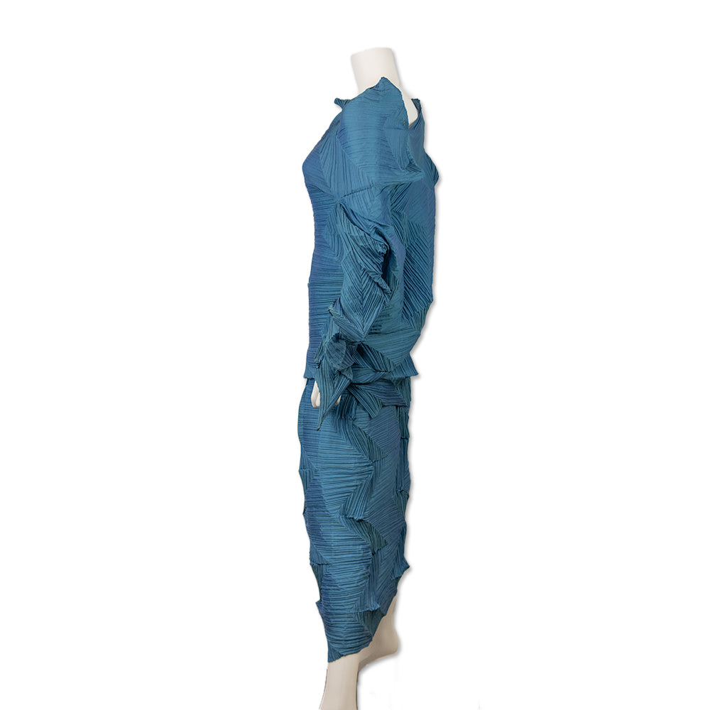 Issey Miyake Blue Angular Pleated Top and Skirt Set