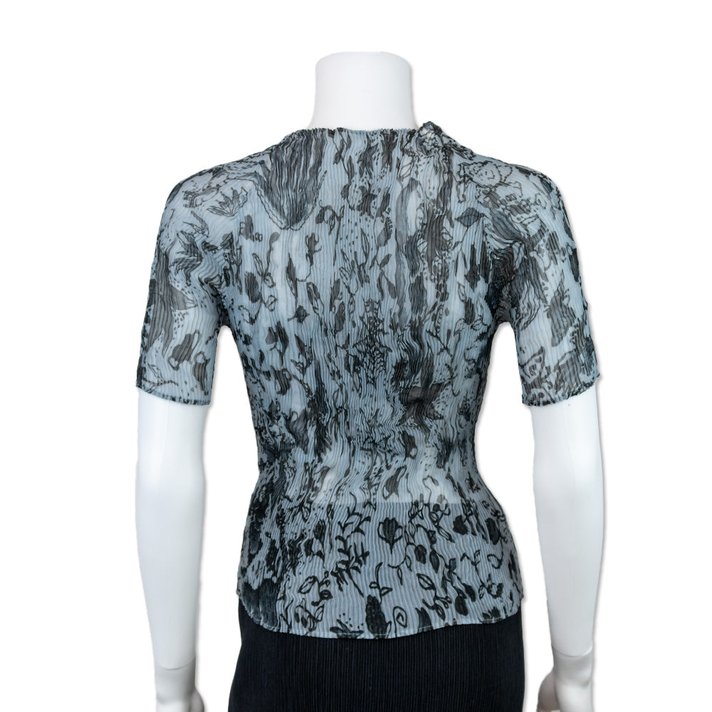 Issey Miyake Blue Pleated Short Sleeve Top with Floral Pattern