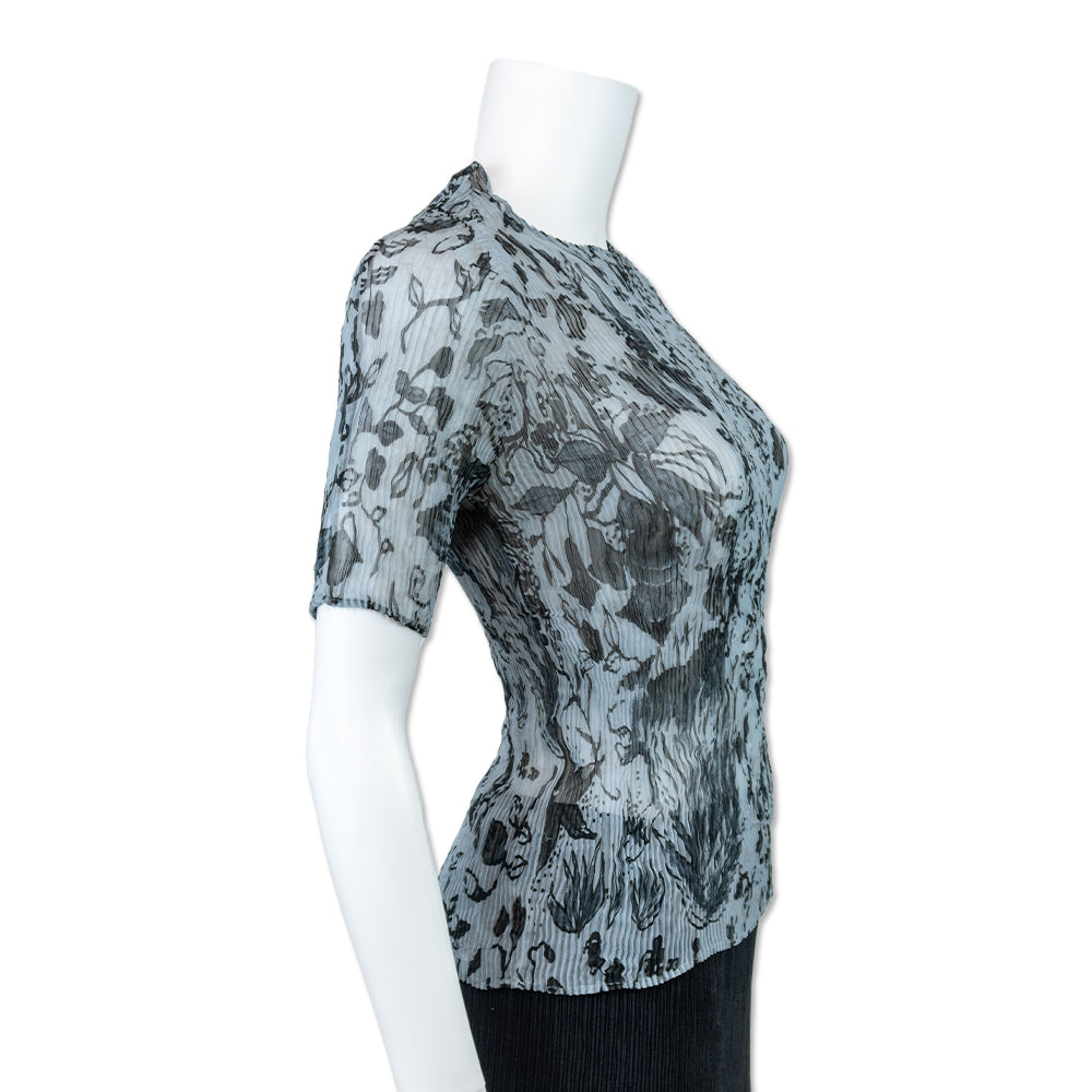 Issey Miyake Blue Pleated Short Sleeve Top with Floral Pattern