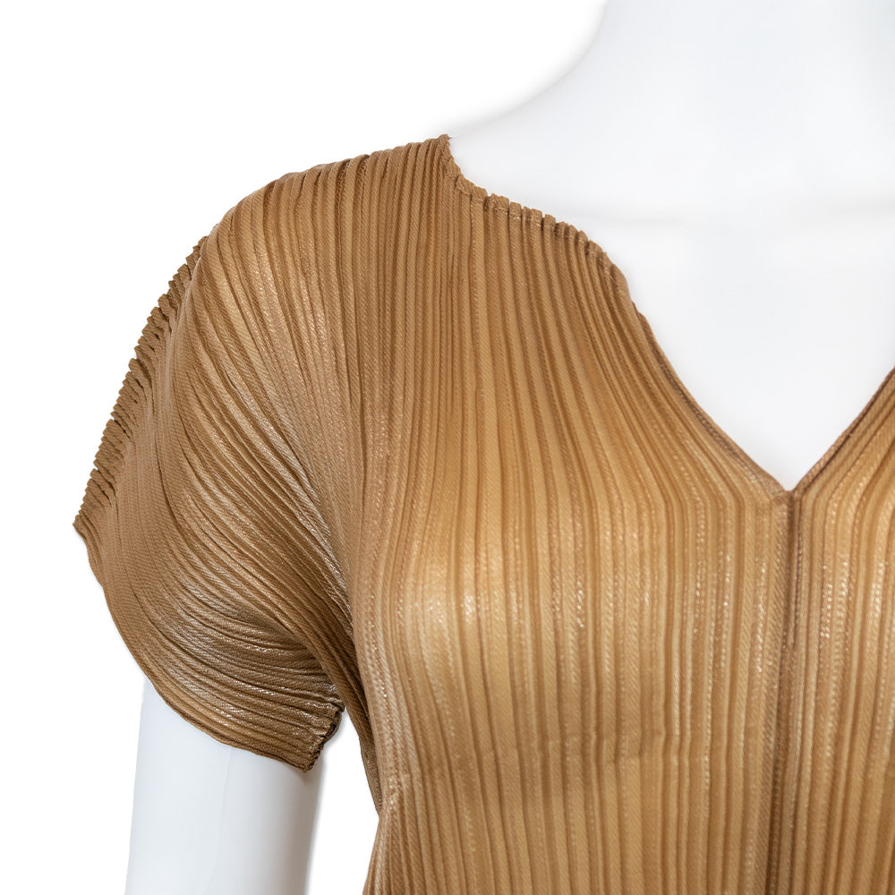 Issey Miyake Brown V Neck Pleated Top with an Iridescent Finish