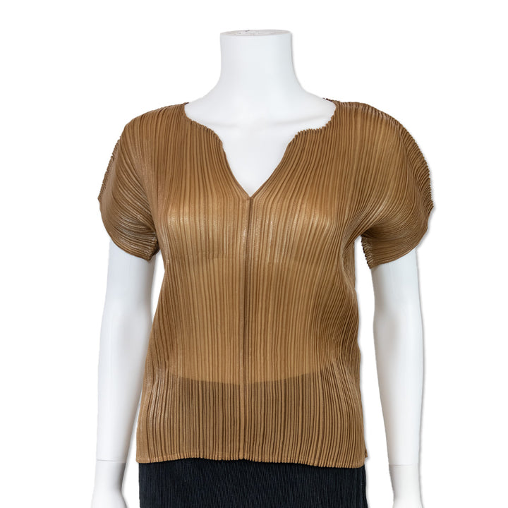 Issey Miyake Brown V Neck Pleated Top with an Iridescent Finish