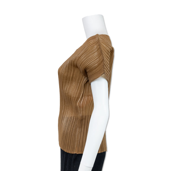 Issey Miyake Brown V Neck Pleated Top with an Iridescent Finish