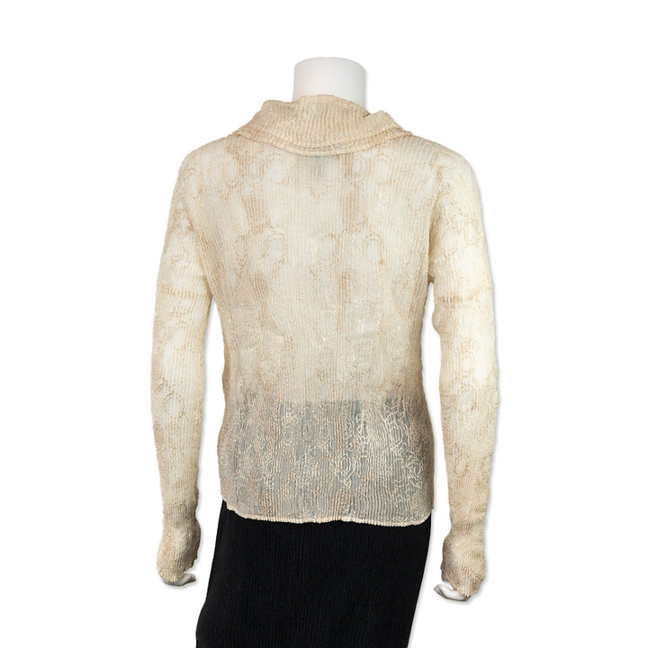 Issey Miyake Fete Cream Pleated Open Front Cardigan with Embroidery