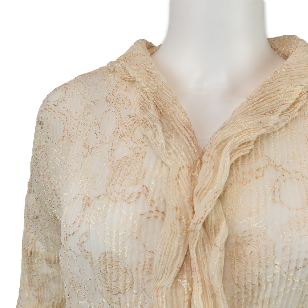 Issey Miyake Fete Cream Pleated Open Front Cardigan with Embroidery