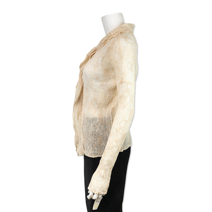 Issey Miyake Fete Cream Pleated Open Front Cardigan with Embroidery