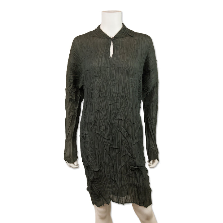 Issey Miyake Green Sheer Crinkle Pleated Long Sleeve Midi Dress