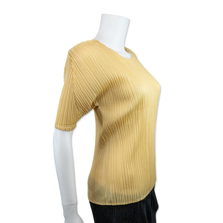 Issey Miyake Pleats Please Butter Yellow Short Sleeve Pleated Top